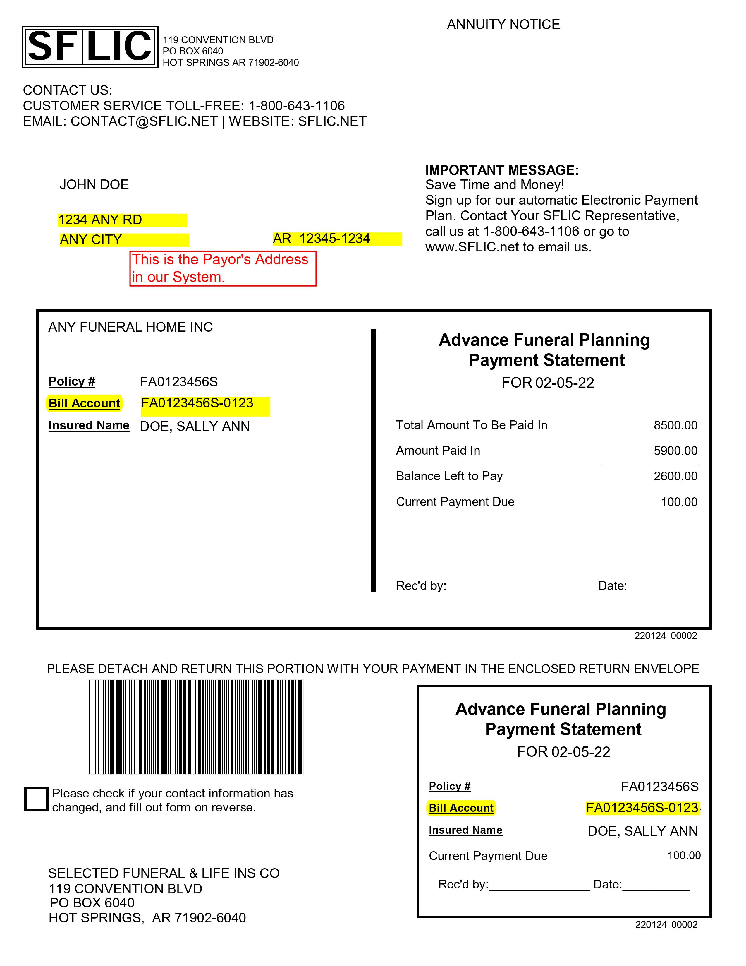 Example of a bill from SFLIC